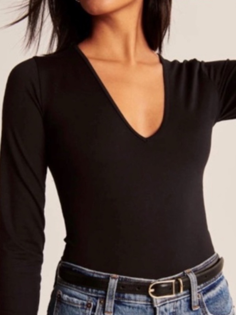 Abercrombie & Fitch Black Long-Sleeve Seamless Deep-V Bodysuit Medium Black